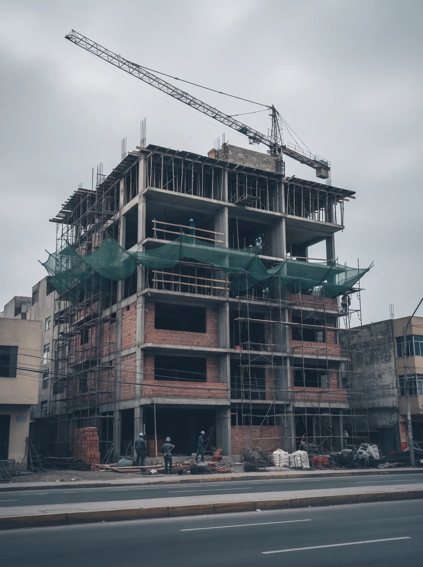 Fachada de un edificio de cinco pisos en construcción con andamios, bajo cielo gris