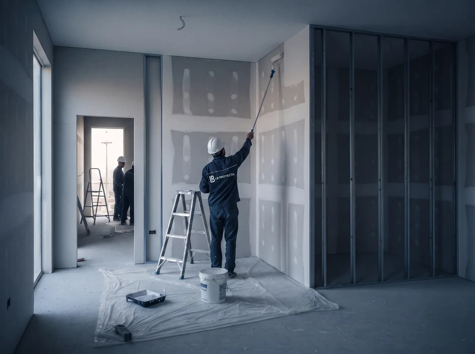 Interior en acabados: un operario de espaldas pinta con rodillo una pared de drywall, junto a un tabique con la estructura a la vista