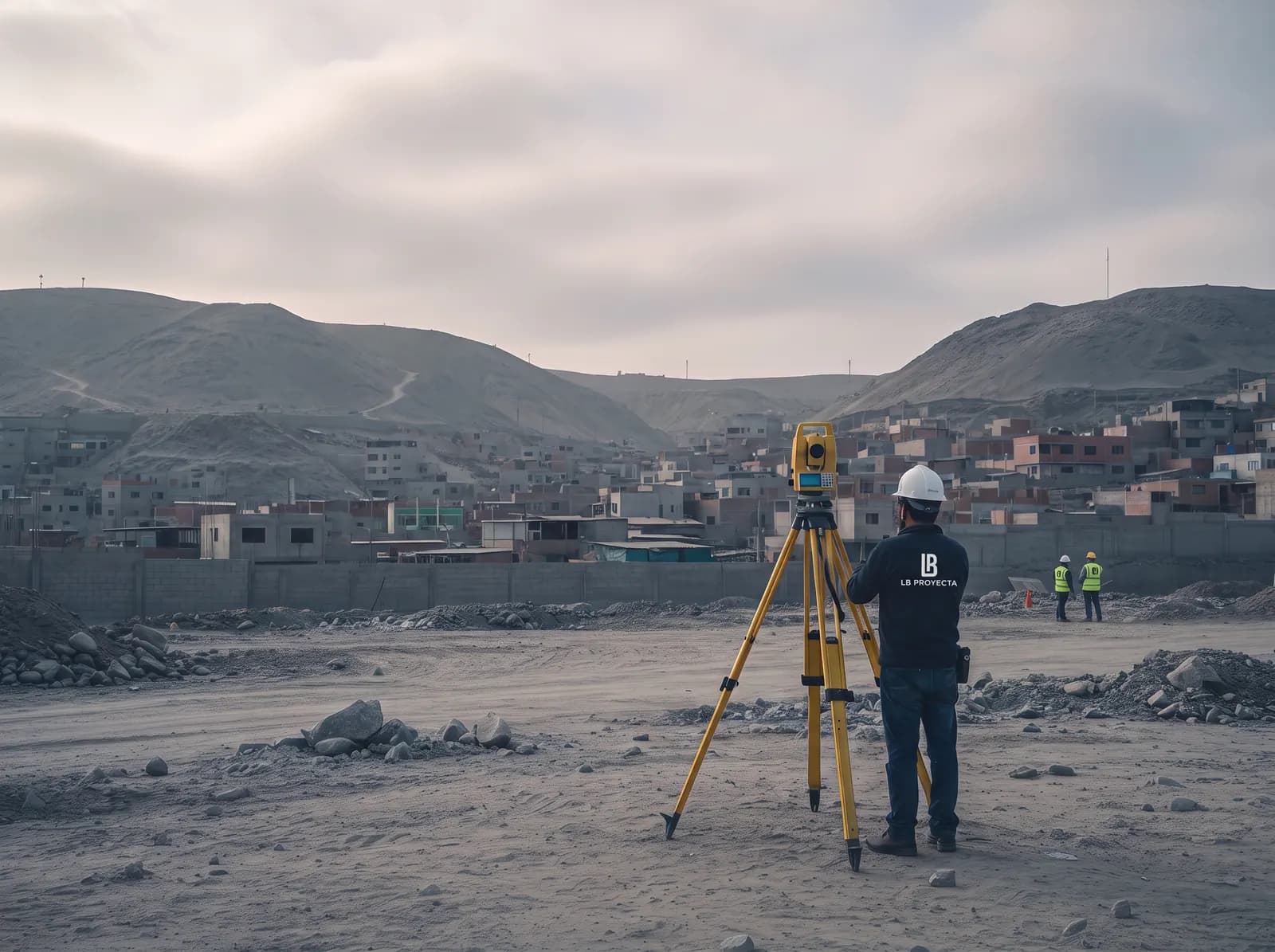 Estación total sobre trípode en un terreno, con un operario de espaldas